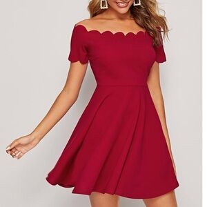 SHEIN EUC XS Burgandy/Red Scallop Short Off Shoulder Dress